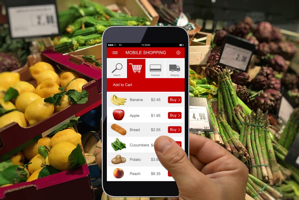 E-commerce internet shopping cart mobile phone app supermarket